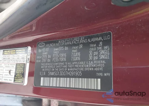 2007 Hyundai Santa Fe Gls from USA, damaged, VIN 5NMSG13D07H091905